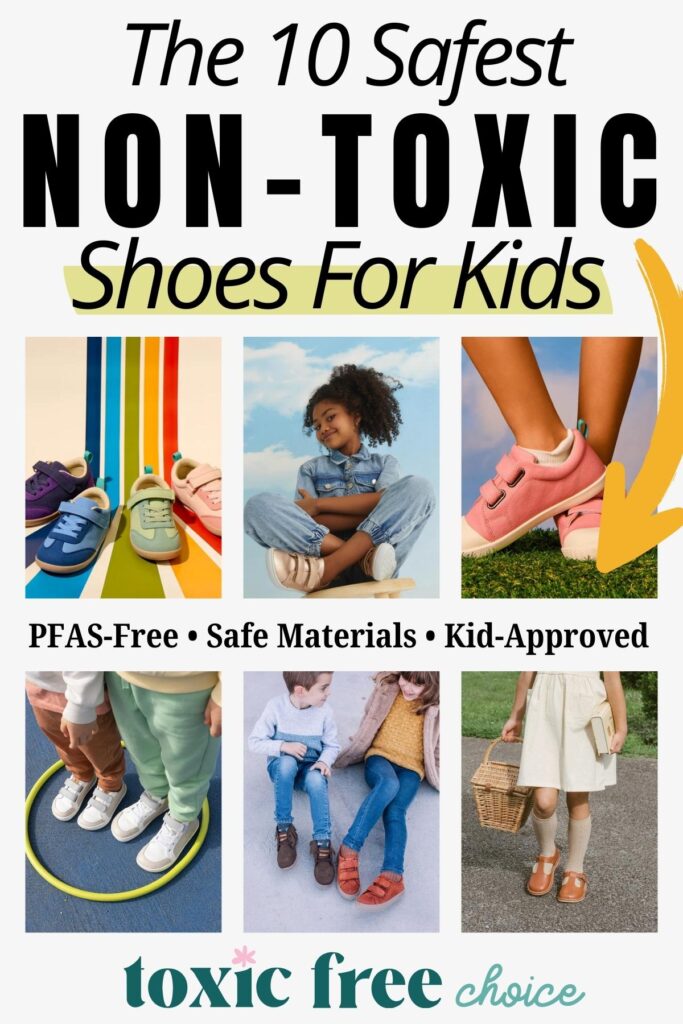 Image highlighting the 10 safest non-toxic kids shoes, showing children wearing PFAS-free footwear made with safe materials.