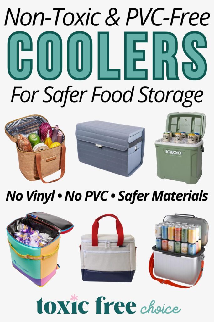 Image featuring non-toxic, PVC-free coolers in various styles, highlighting safer materials for food storage.