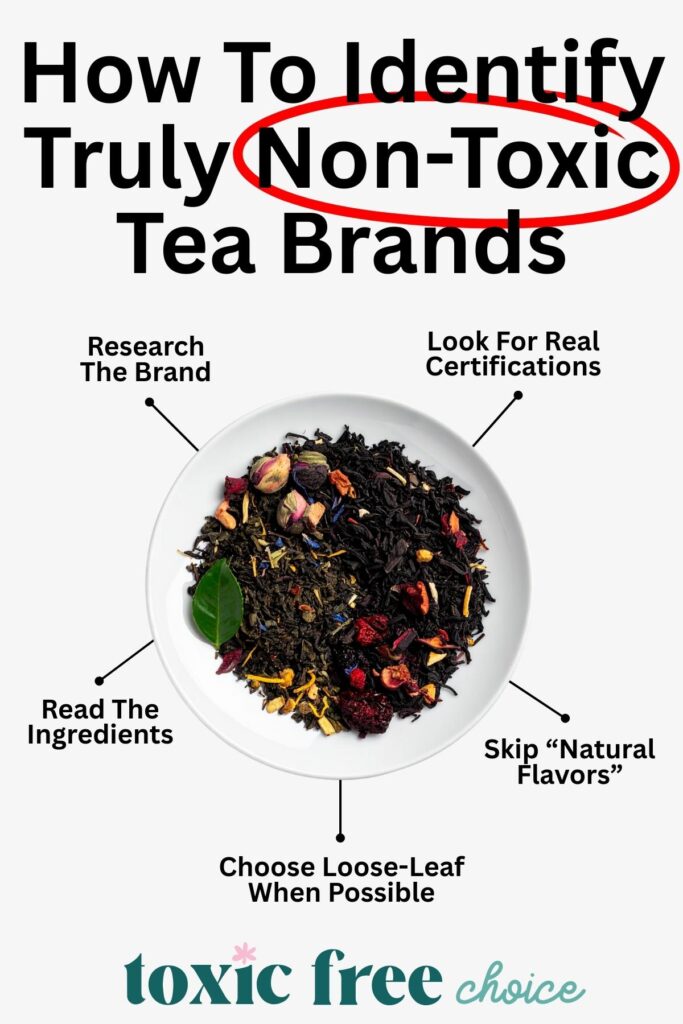 Infographic showing how to identify truly non-toxic tea brands, with tips like reading ingredients, choosing loose-leaf, and avoiding “natural flavors.”
