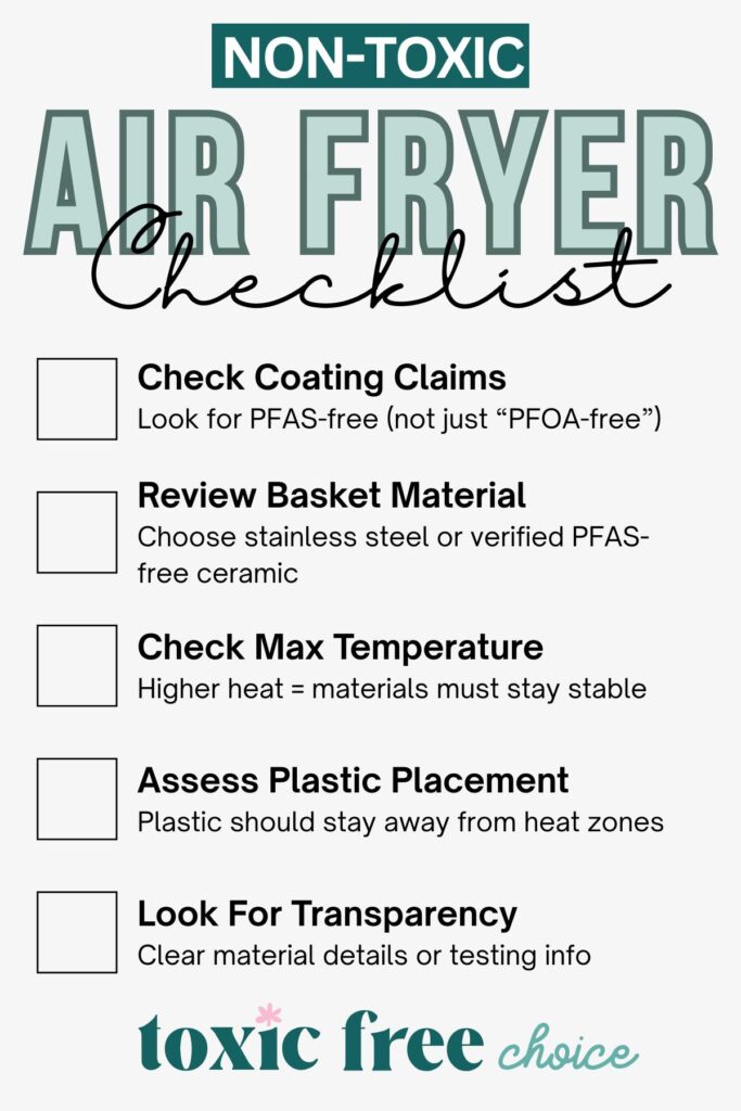 Checklist graphic outlining how to choose a non-toxic air fryer, including PFAS-free coatings, safer materials, heat limits, and transparency.