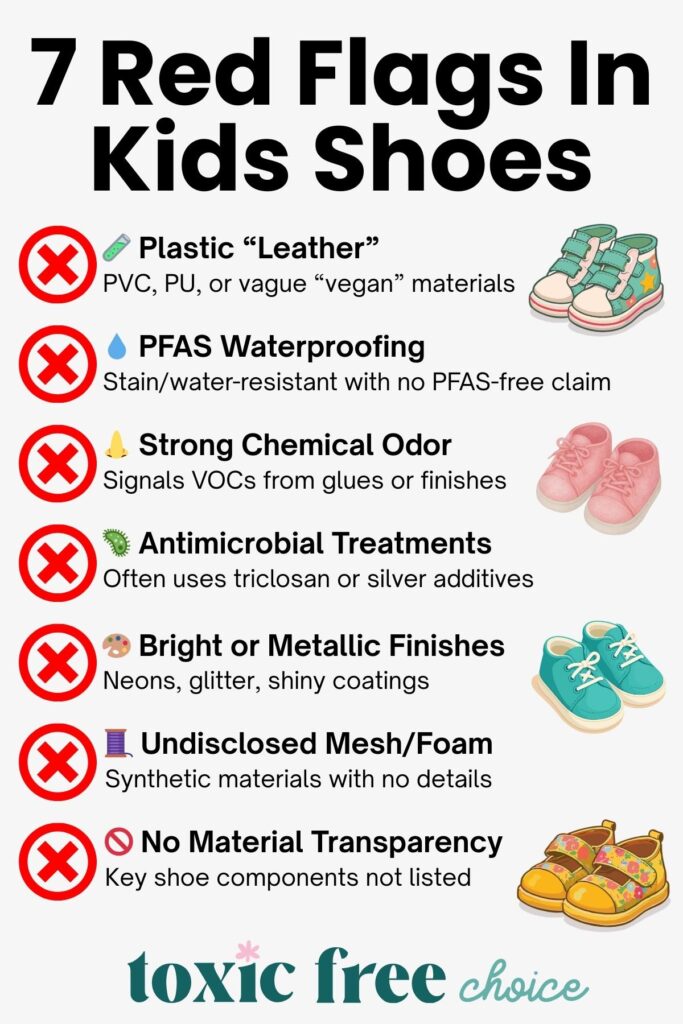Infographic listing seven red flags in kids’ shoes, including plastic leather, PFAS waterproofing, strong chemical odors, and lack of material transparency.