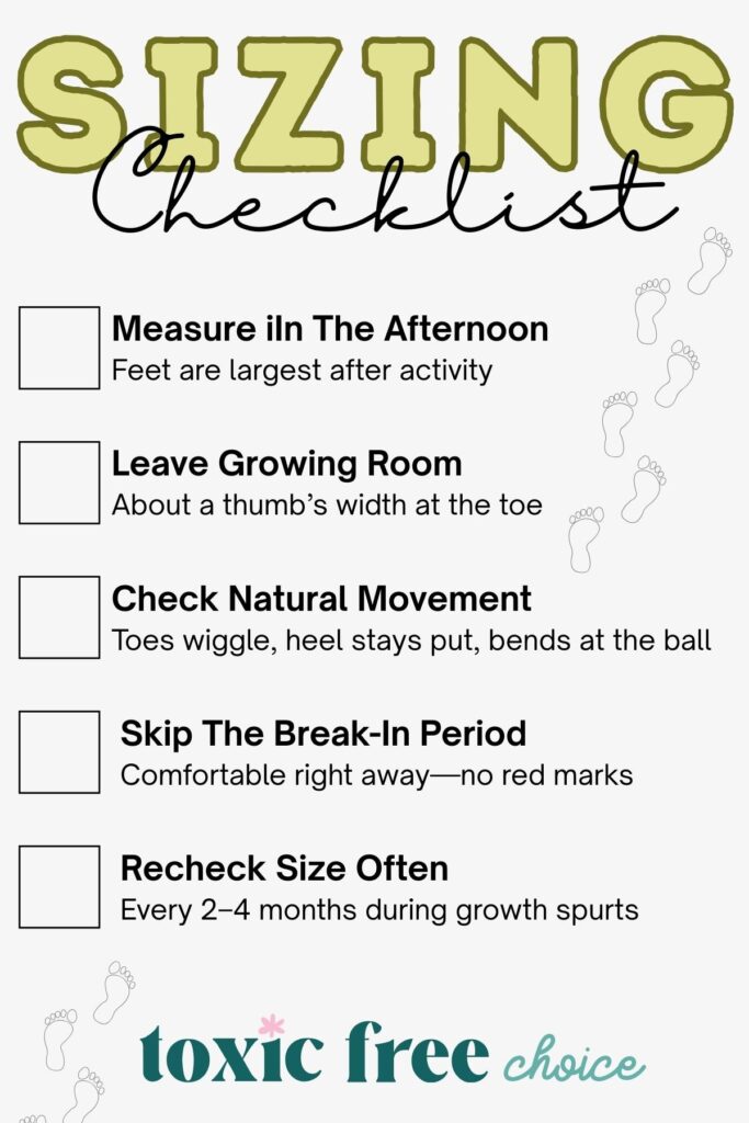 Sizing checklist graphic for kids’ shoes, with tips on measuring feet, leaving growing room, checking fit, and rechecking size often.