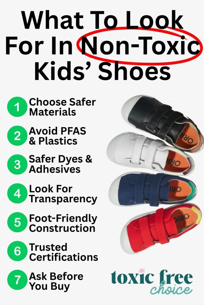 Image explaining what to look for in non-toxic kids’ shoes, including safer materials, PFAS-free construction, and transparent sourcing.