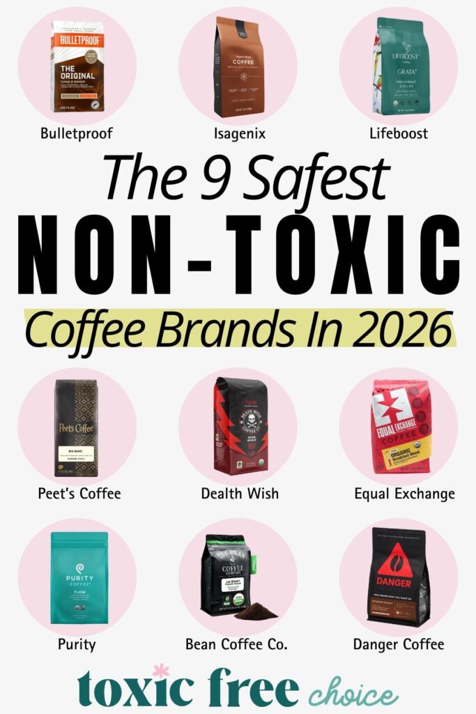 Graphic listing the safest non-toxic coffee brands tested for mold and pesticides.