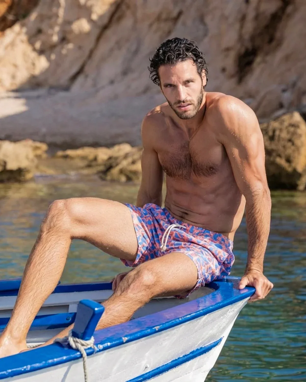 Kampos men’s swimwear made in Italy from recycled polyester derived from plastic bottles.