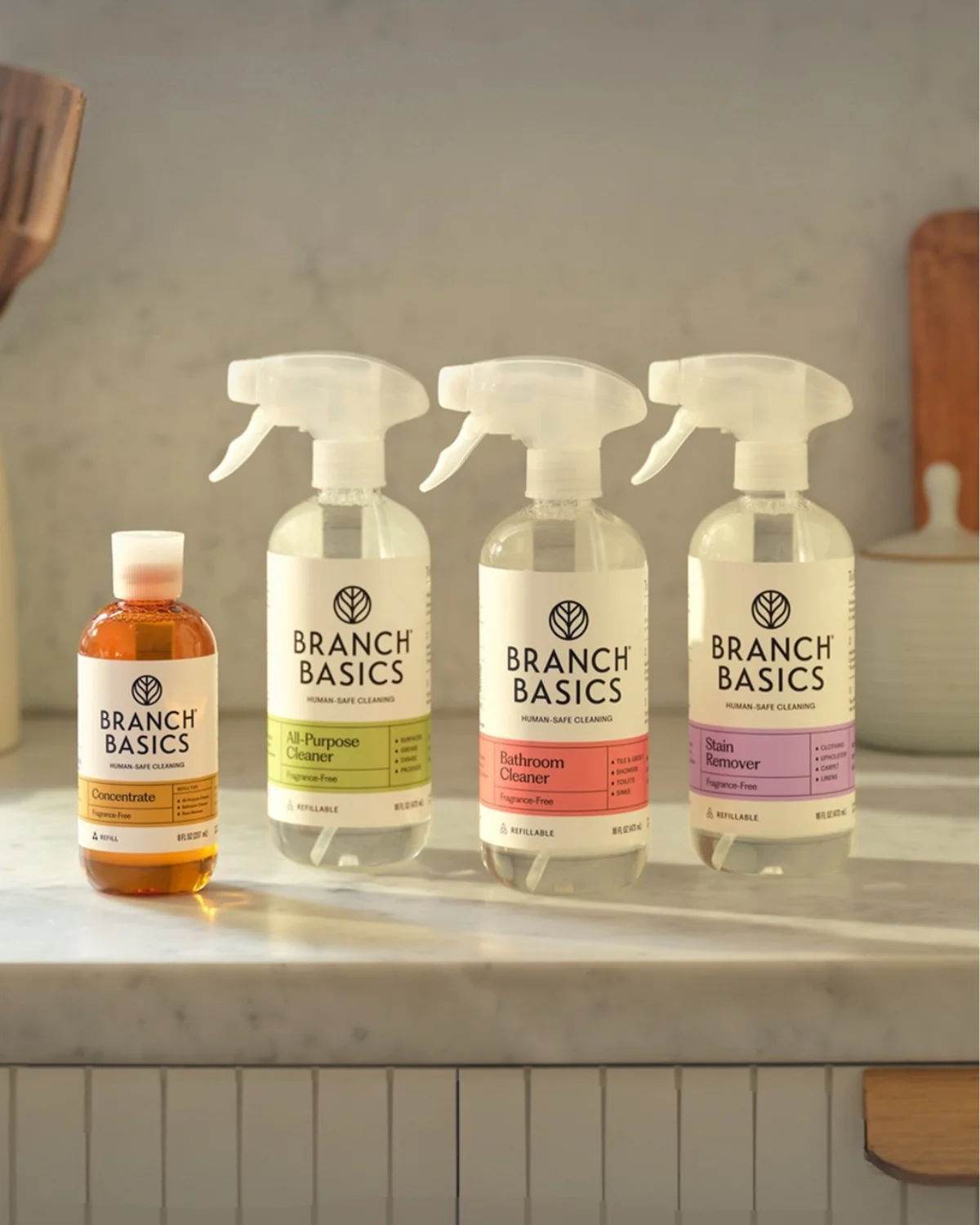 The Branch Basics cleaning concentrate system is designed for laundry, kitchens, bathrooms, and household cleaning.