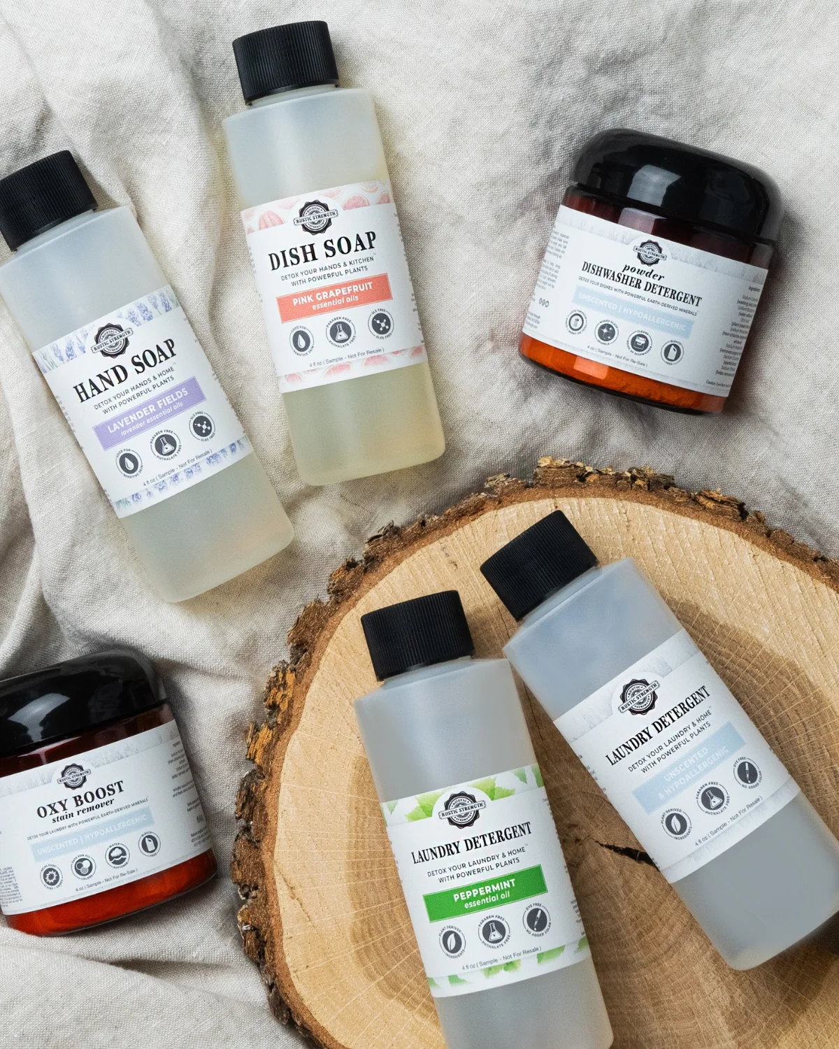 Rustic Strength vinegar-based cleaning products with refillable packaging and ingredient transparency.