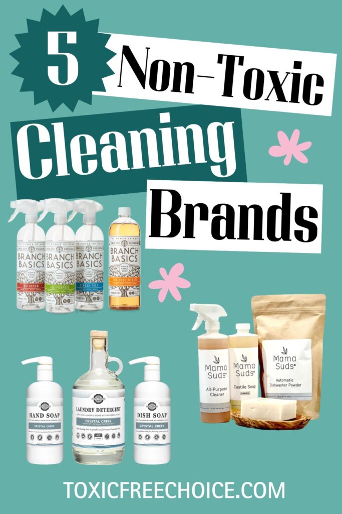 Image titled "5 Non-Toxic Cleaning Brands" featuring cleaning products from Branch Basics, Rustic Strength and MamaSuds on a teal background with decorative pink flowers.