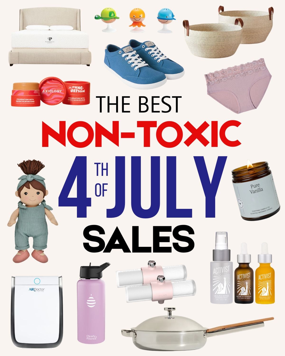 Best non-toxic Fourth of July sales featuring organic mattresses, non-toxic cookware, clean beauty, bedding, air purifiers, water filters and healthier home essentials.